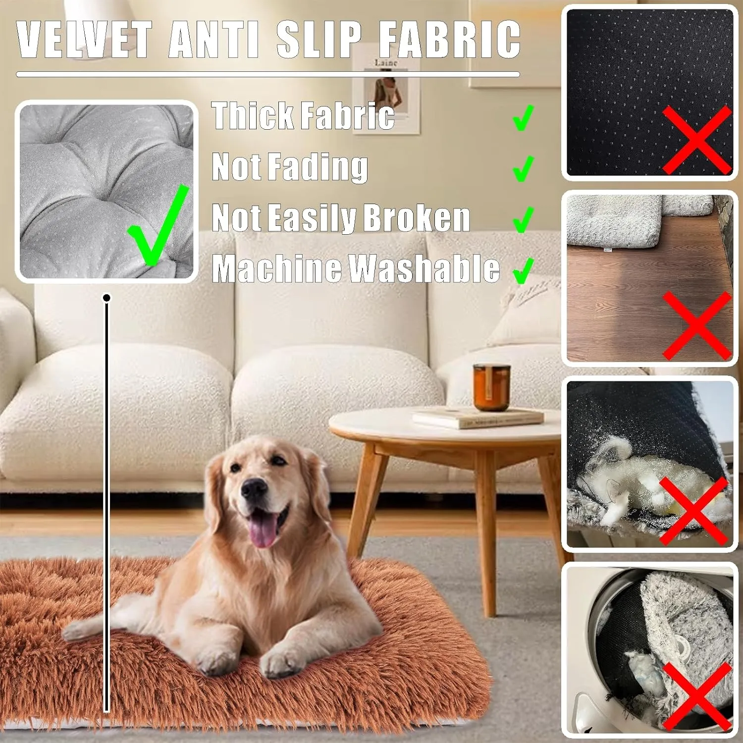 Machine Washable Dog Bed, Deluxe Plush Dog Crate Pad and Cat Bed, Anti-Slip Bottom Kennel Pad Mat, Fuzzy Pet Beds for Large, Medium, Small Dogs Breeds (Brown, 36.0" L x 24.0" W x 3.0" Th x 1 Pack)