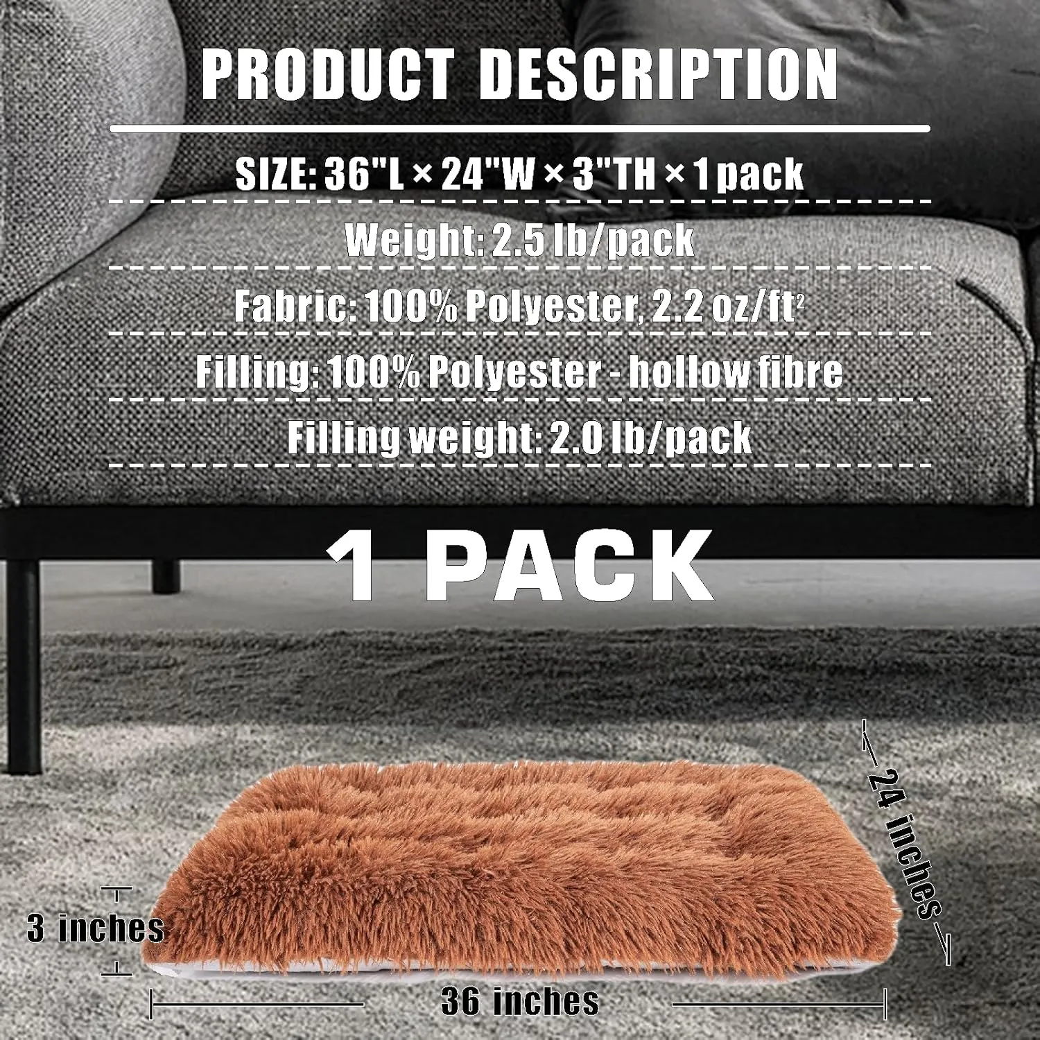Machine Washable Dog Bed, Deluxe Plush Dog Crate Pad and Cat Bed, Anti-Slip Bottom Kennel Pad Mat, Fuzzy Pet Beds for Large, Medium, Small Dogs Breeds (Brown, 36.0" L x 24.0" W x 3.0" Th x 1 Pack)