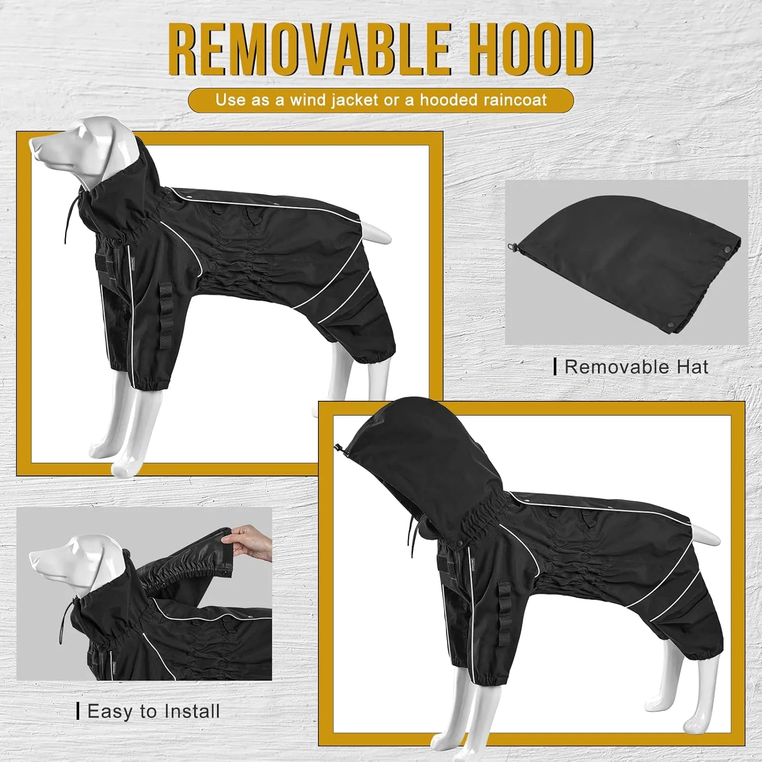 OneTigris Dog Raincoat with Hood for Medium Large Dogs, Waterproof & Reflective, 4 Legs Dog Rain Jacket Adjustable Puppy Poncho for The Rain and Snow (Black, Small)