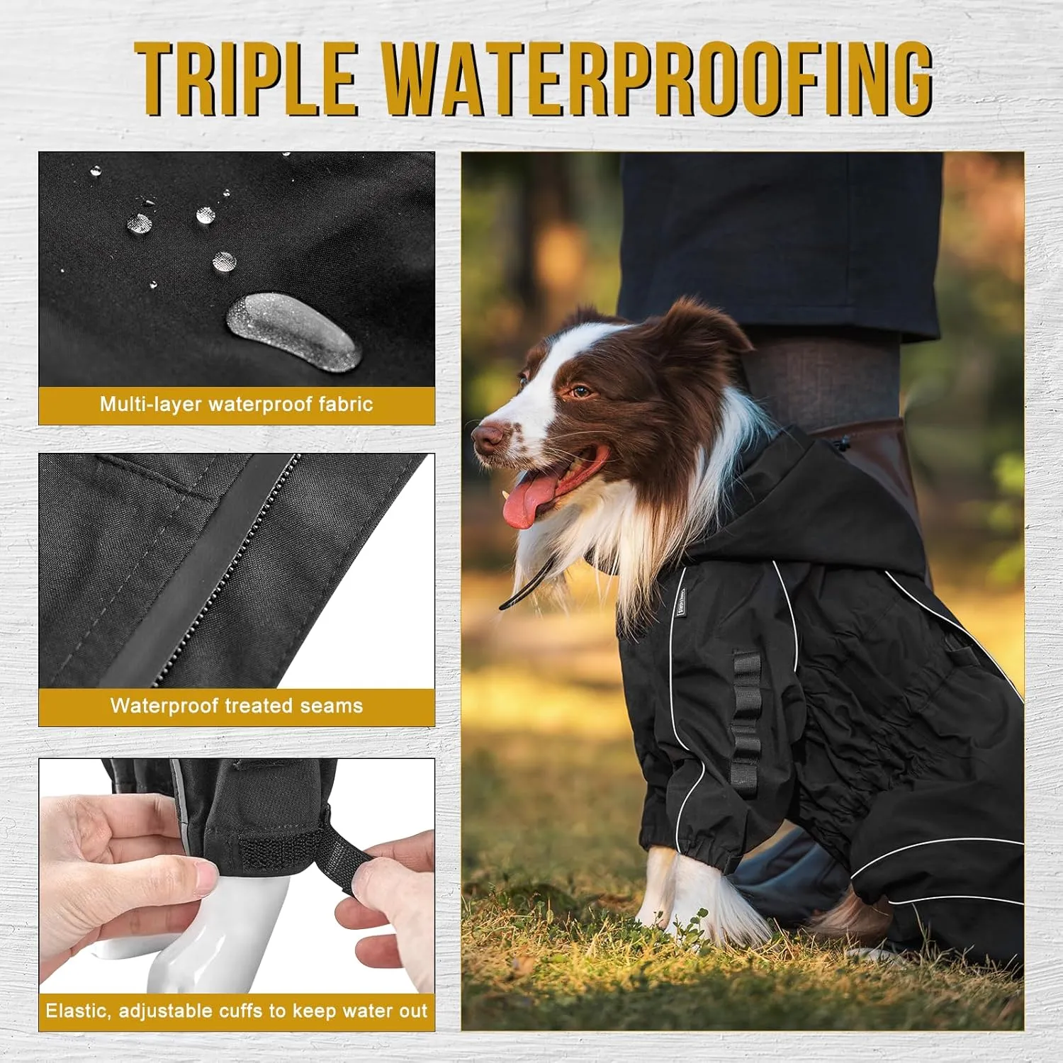 OneTigris Dog Raincoat with Hood for Medium Large Dogs, Waterproof & Reflective, 4 Legs Dog Rain Jacket Adjustable Puppy Poncho for The Rain and Snow (Black, Small)