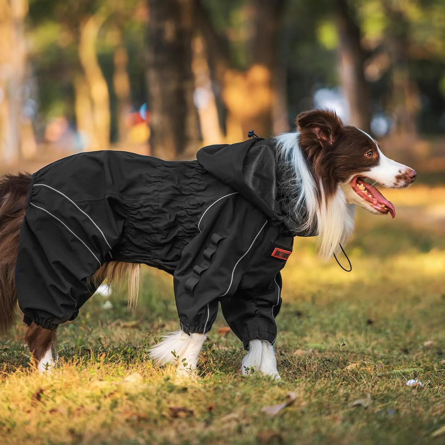 OneTigris Dog Raincoat with Hood for Medium Large Dogs, Waterproof & Reflective, 4 Legs Dog Rain Jacket Adjustable Puppy Poncho for The Rain and Snow (Black, Small)