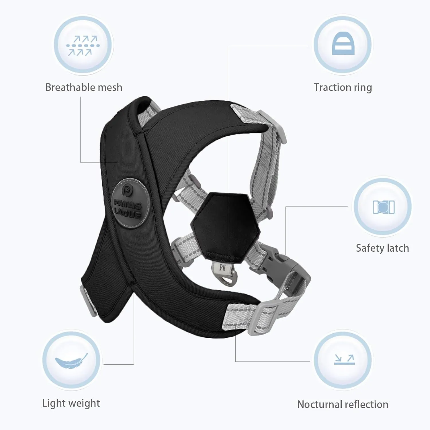 Patas Lague Dog Harness with Leash Set Adjustable Soft Padded Step-in Dog Vest No Choke No Pull Reflective for Small Medium Pets with Poop Bags and Dispenser, Solid and No-chew, Black S