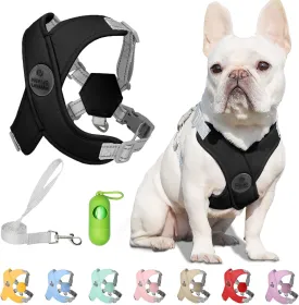 Patas Lague Dog Harness with Leash Set Adjustable Soft Padded Step-in Dog Vest No Choke No Pull Reflective for Small Medium Pets with Poop Bags and Dispenser, Solid and No-chew, Black S