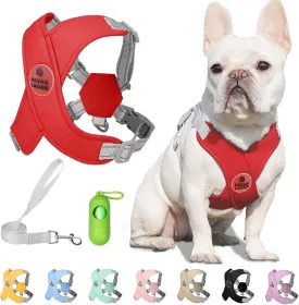 Patas Lague Dog Harness with Leash Set Adjustable Soft Padded Step-in Dog Vest No Choke No Pull Reflective for Small Medium Pets with Poop Bags and Dispenser, Solid and No-chew, Red S