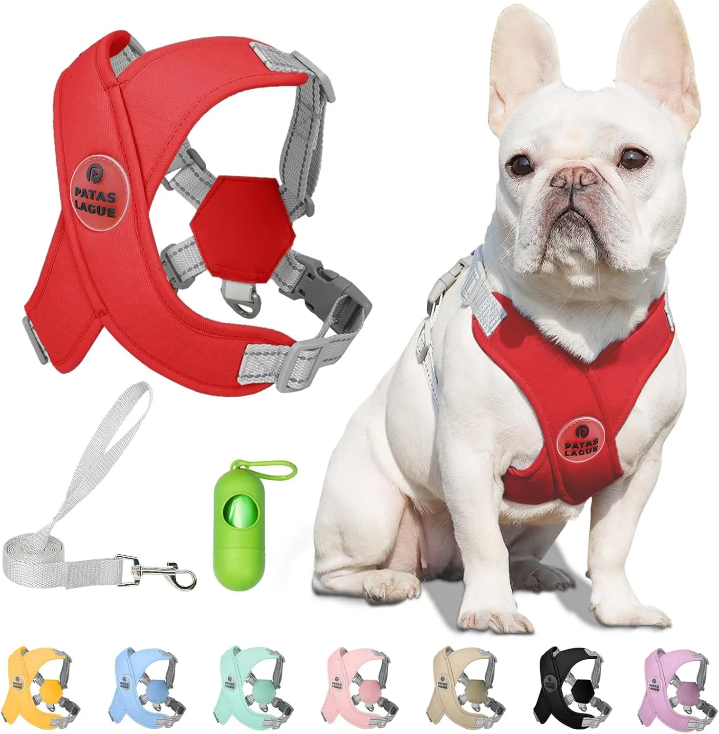 Patas Lague Dog Harness with Leash Set Adjustable Soft Padded Step-in Dog Vest No Choke No Pull Reflective for Small Medium Pets with Poop Bags and Dispenser, Solid and No-chew, Red S