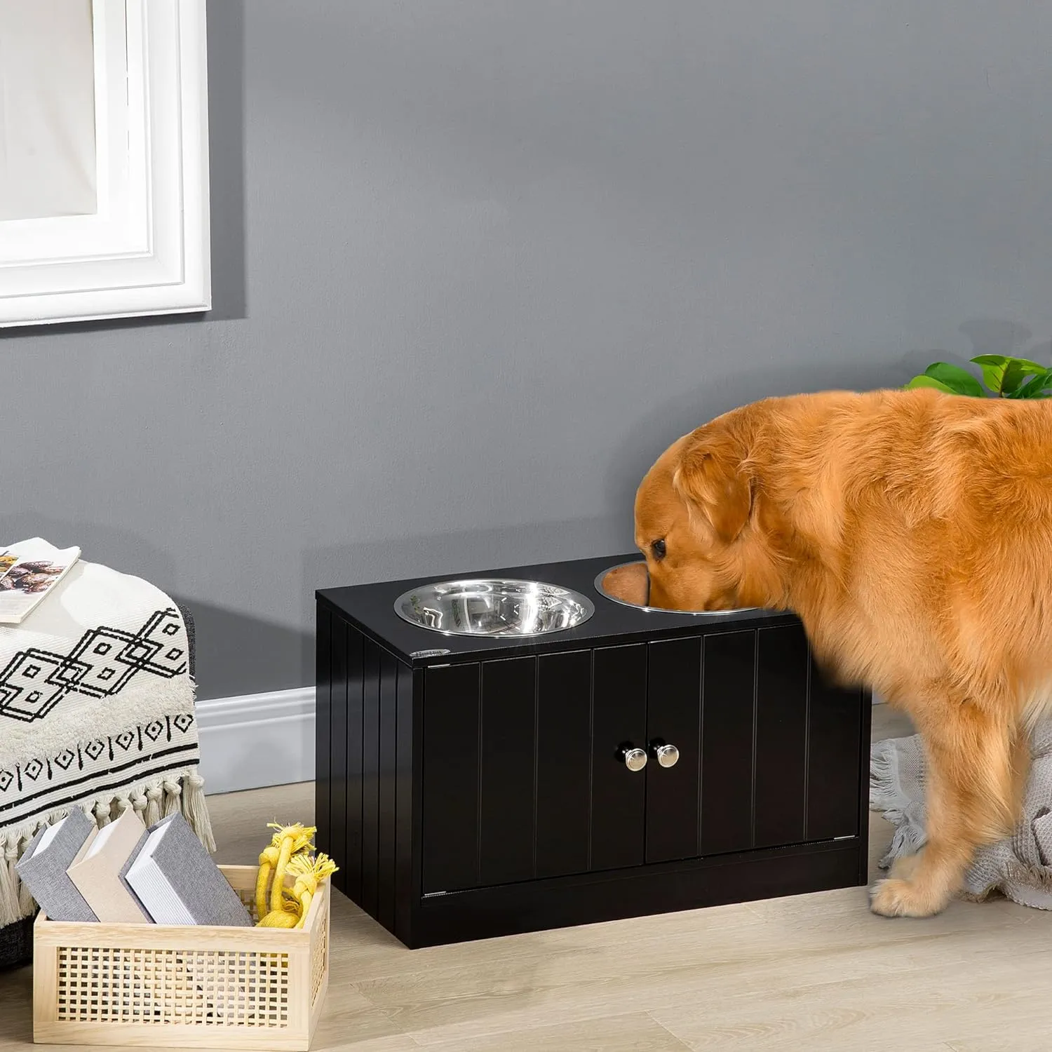PawHut Large Elevated Dog Bowls with Storage Cabinet Containing Large 44L Capacity, Raised Bowl Stand Pet Food Bowl Dog Feeding Station, Black