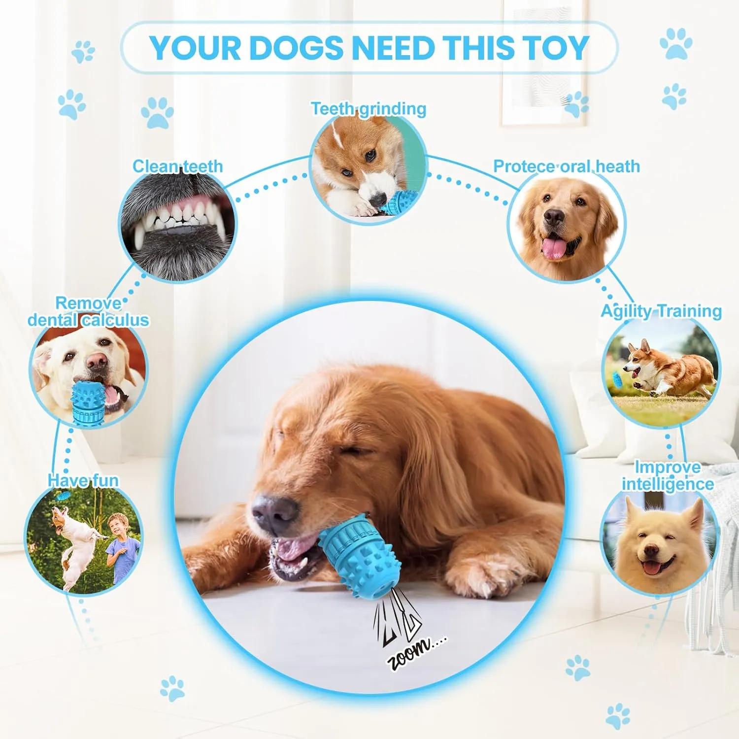 PIFFZEDO Dog Toys for Aggressive Chewers,Interactive Natural Rubber Chew & Squeaky Toy for Large Medium Breed,Dog Toothbrush,Tough & Durable (Azure,Large)