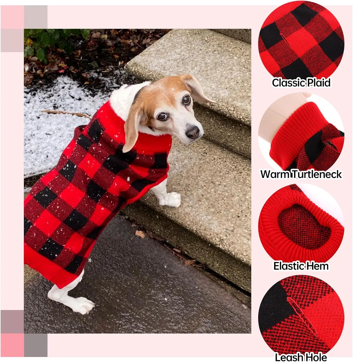 QBLEEV Dog Sweater With Leash Hole, Christmas Classic Plaid Vest Knitwear, Warm Winter Pullover for Small Medium Dogs, Cold Weather Clothes for Girls Boys