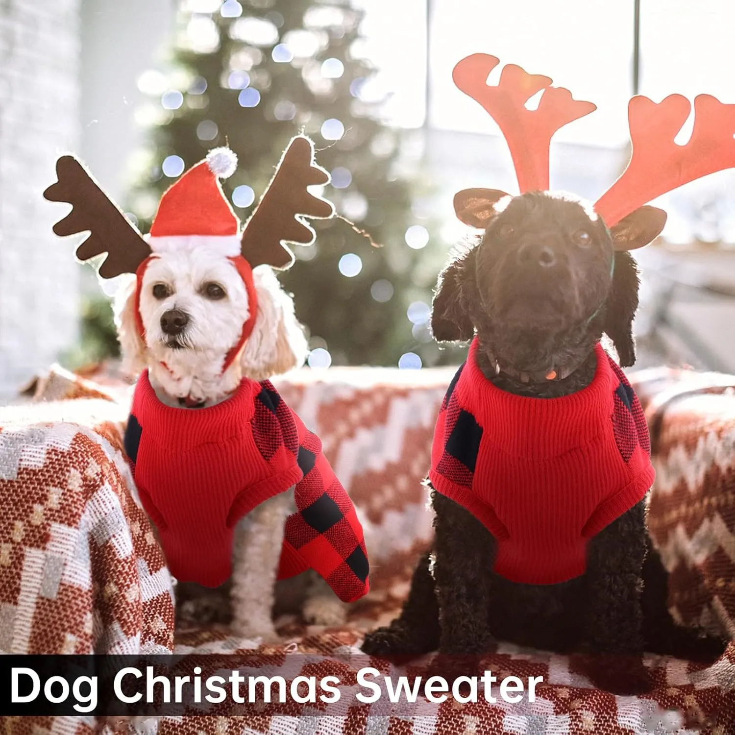 QBLEEV Dog Sweater With Leash Hole, Christmas Classic Plaid Vest Knitwear, Warm Winter Pullover for Small Medium Dogs, Cold Weather Clothes for Girls Boys