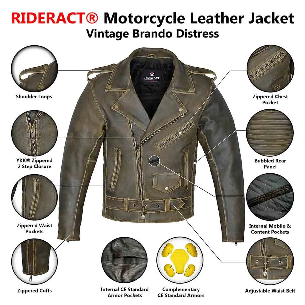 RIDERACT®  Vintage Motorcycle Jacket Brando Distress Moto jacket
