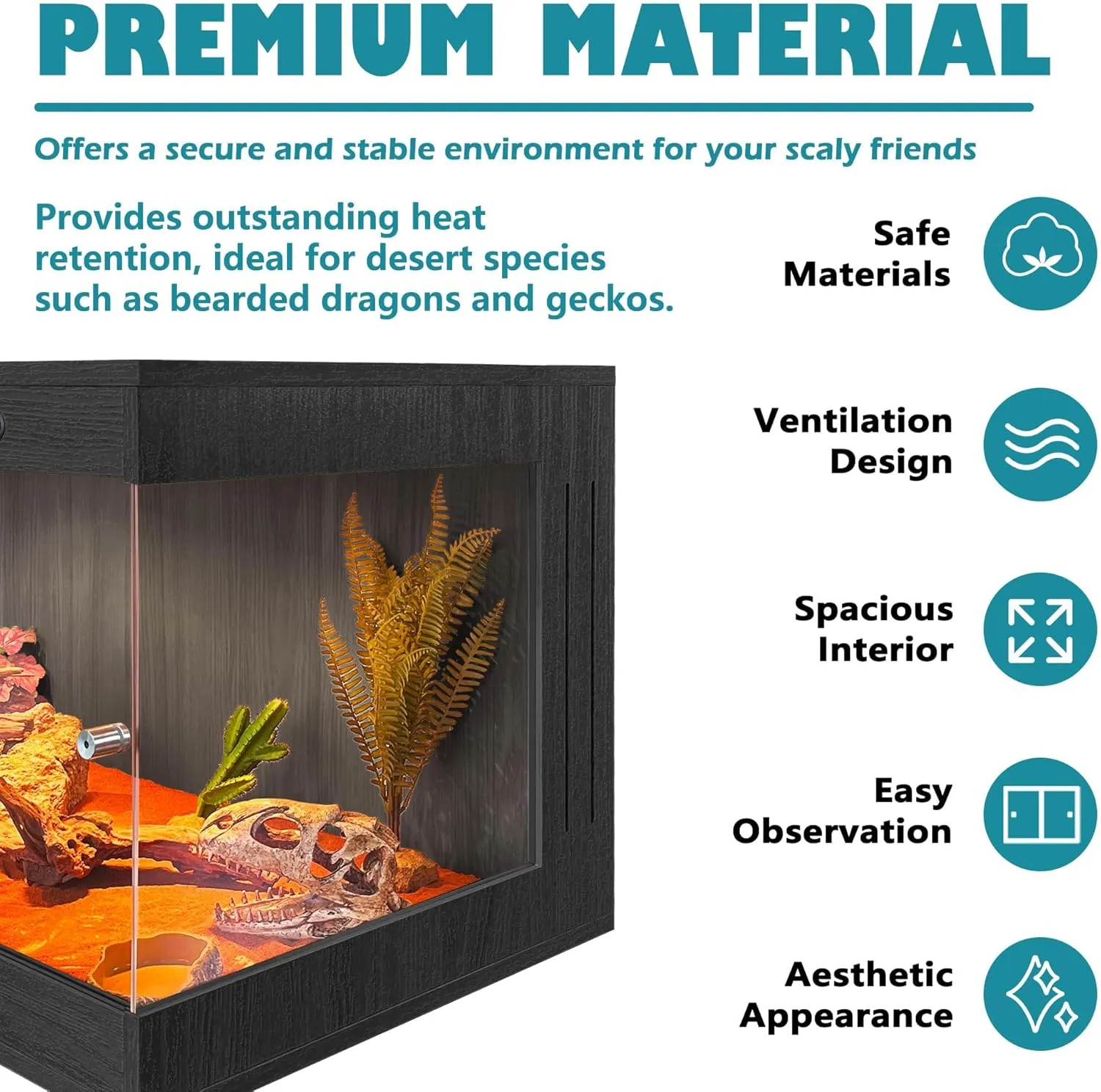 Royxen Bearded Dragon Tank 32 Gallons, Reptile Tank with Built-in Lamp Fixtures, Snake Tank, Reptile Enclosure, Lizard Tank, 32" Wide, Black