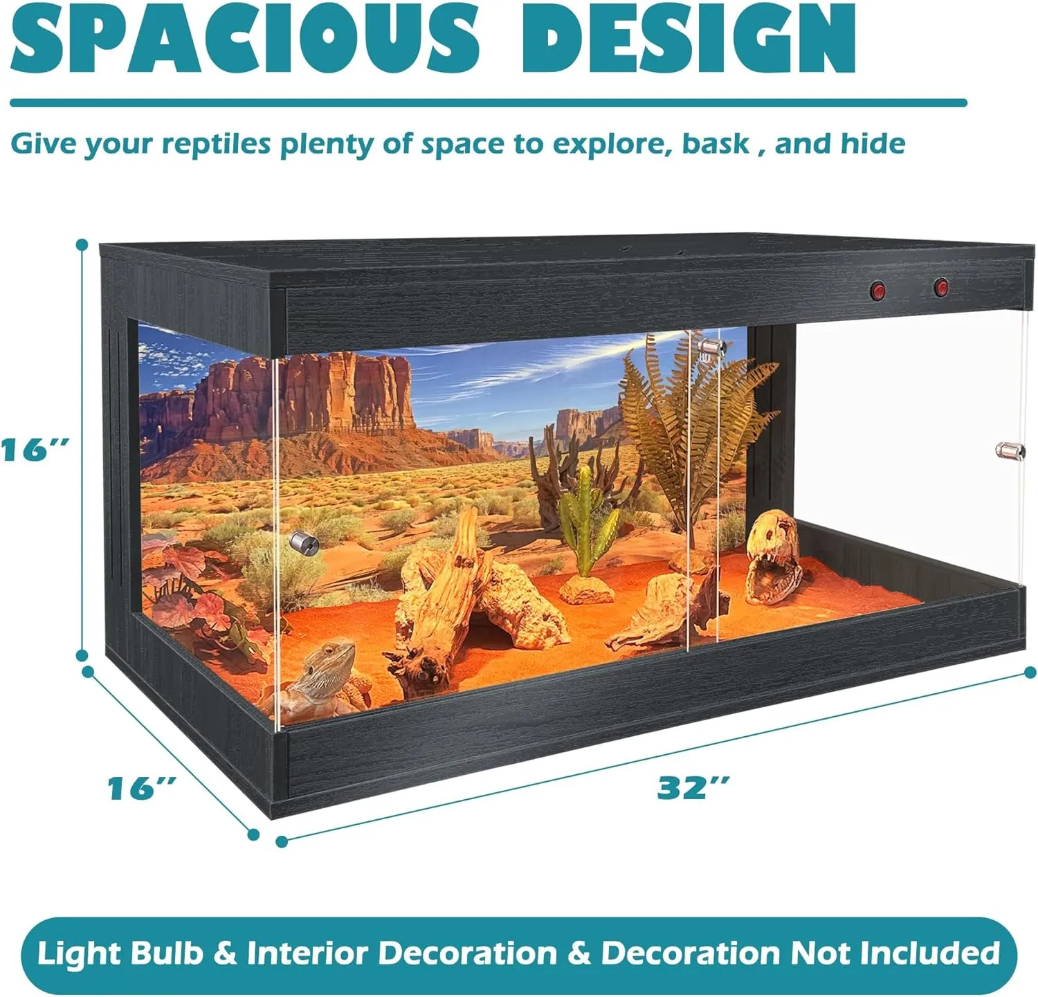 Royxen Bearded Dragon Tank 32 Gallons, Reptile Tank with Built-in Lamp Fixtures, Snake Tank, Reptile Enclosure, Lizard Tank, 32" Wide, Black