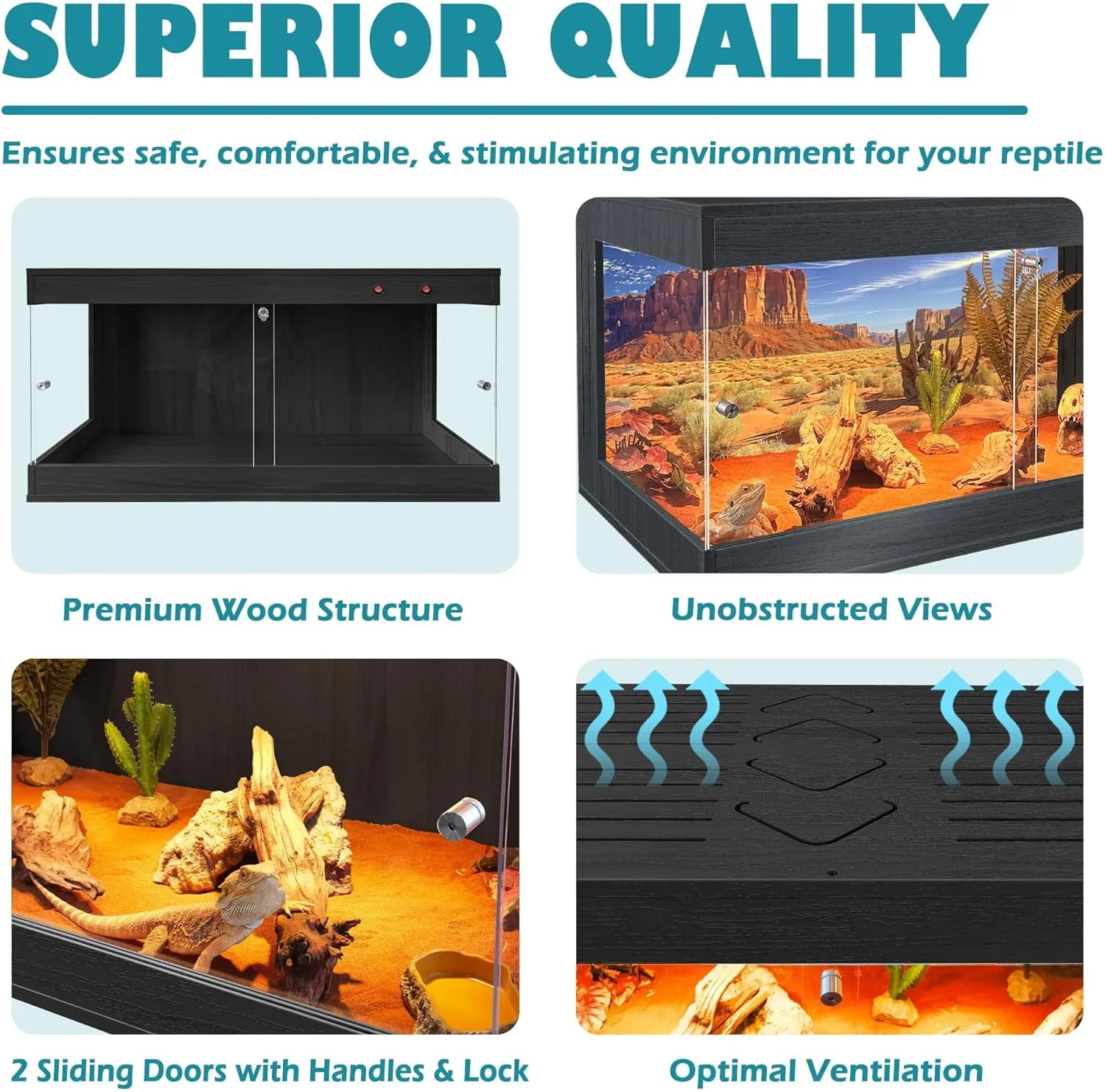Royxen Bearded Dragon Tank 32 Gallons, Reptile Tank with Built-in Lamp Fixtures, Snake Tank, Reptile Enclosure, Lizard Tank, 32" Wide, Black