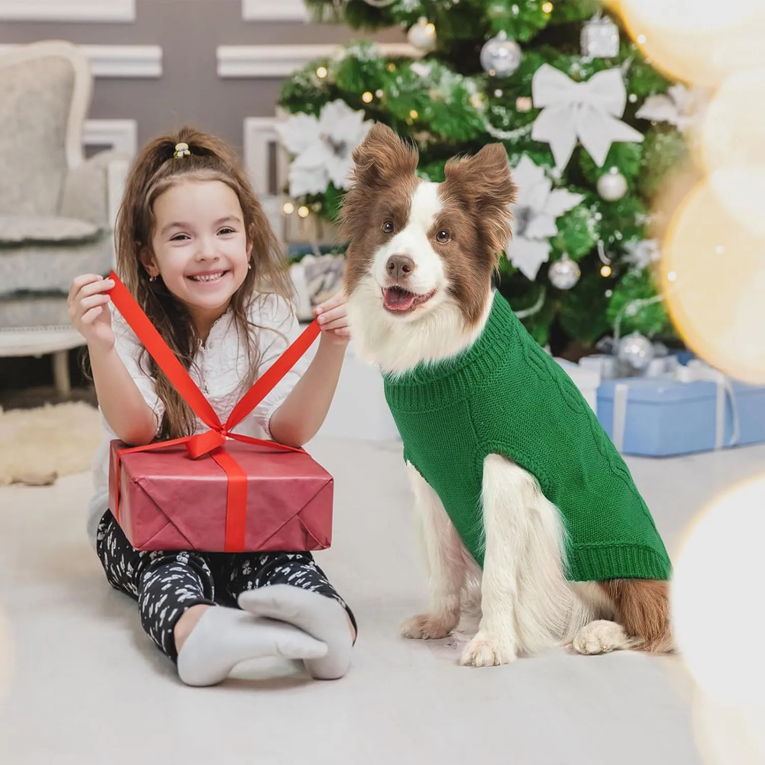 SCENEREAL Knitted Dog Sweater for Small Medium Large Dogs, Cat Dog Winter Coat Warm Sweartershirts Outfits, Classic Pet Clothes with Leash Hole, Soft Pet Knitwear Apparel for Girls Boys, Green SM