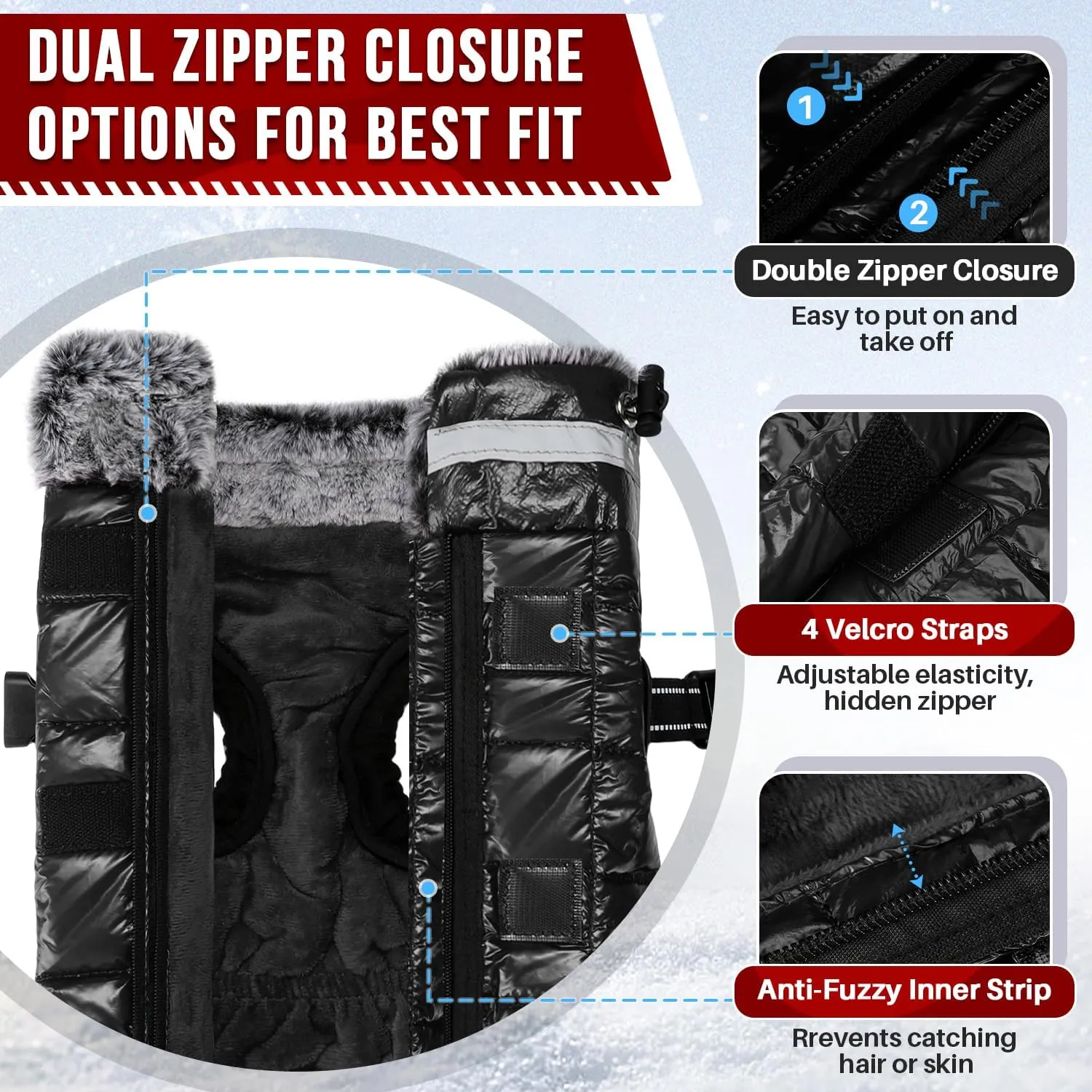 SlowTon Dog Winter Coat - Waterproof Dog Coat with Harness Built in, Fleece Turtleneck Warm Winter Jacket with Double Zipper, Reflective Snow Jacket for Small Medium Large Dogs(Black XL)