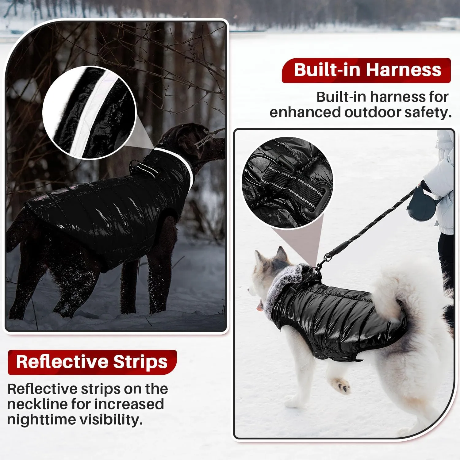 SlowTon Dog Winter Coat - Waterproof Dog Coat with Harness Built in, Fleece Turtleneck Warm Winter Jacket with Double Zipper, Reflective Snow Jacket for Small Medium Large Dogs(Black XL)