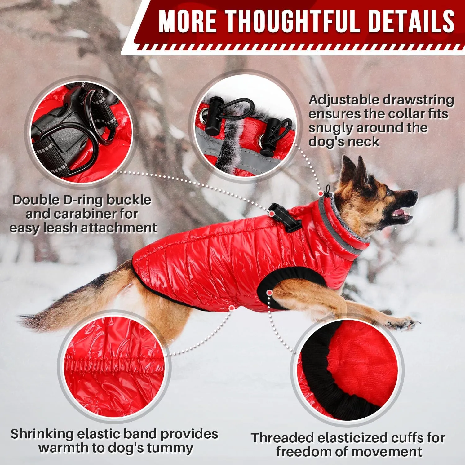 SlowTon Winter Coat - Waterproof Dog Jacket with Built-in Harness, Fleece Turtleneck, Double Zipper, Reflective Snow Jacket for Small to Large Dogs (Red XL)