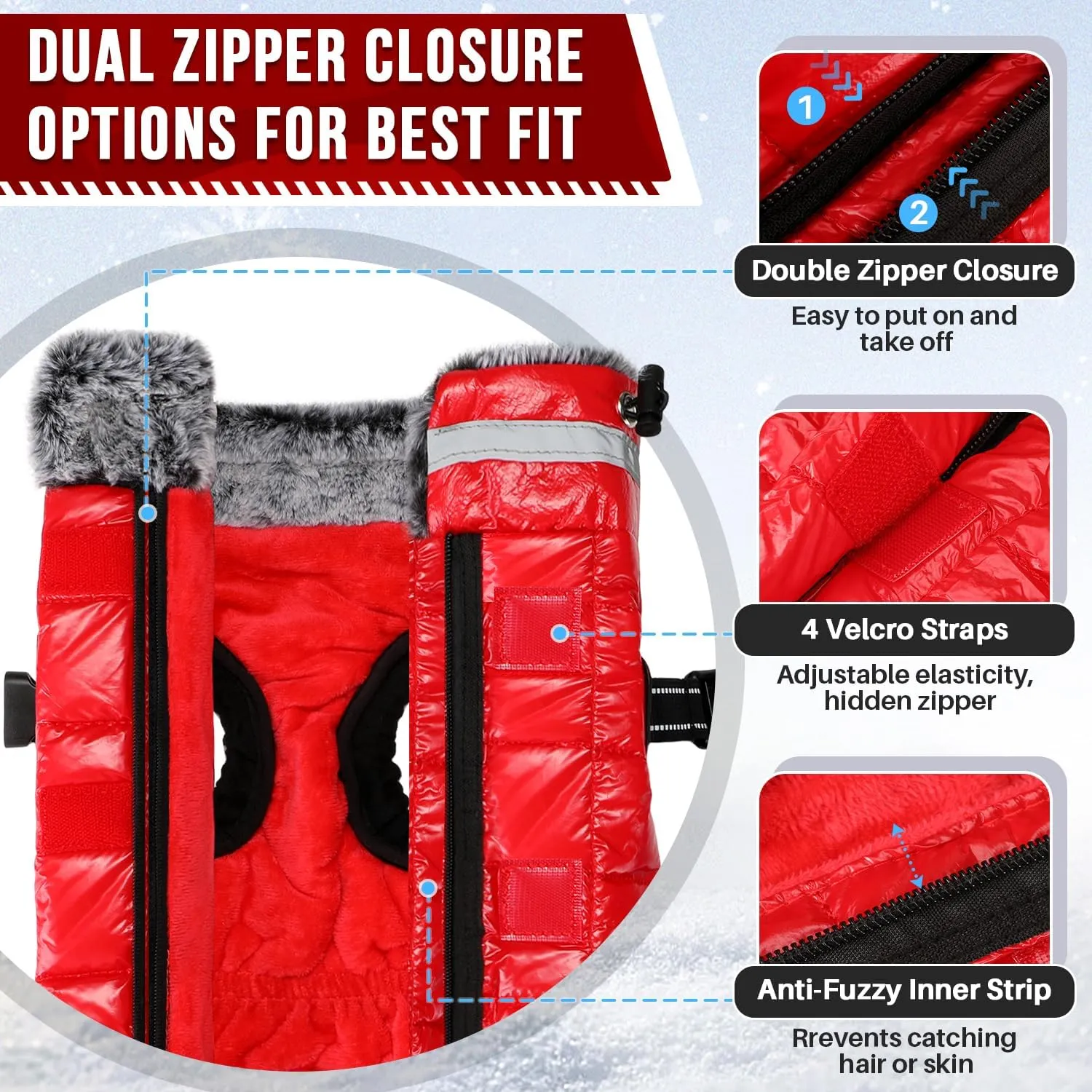 SlowTon Winter Coat - Waterproof Dog Jacket with Built-in Harness, Fleece Turtleneck, Double Zipper, Reflective Snow Jacket for Small to Large Dogs (Red XL)