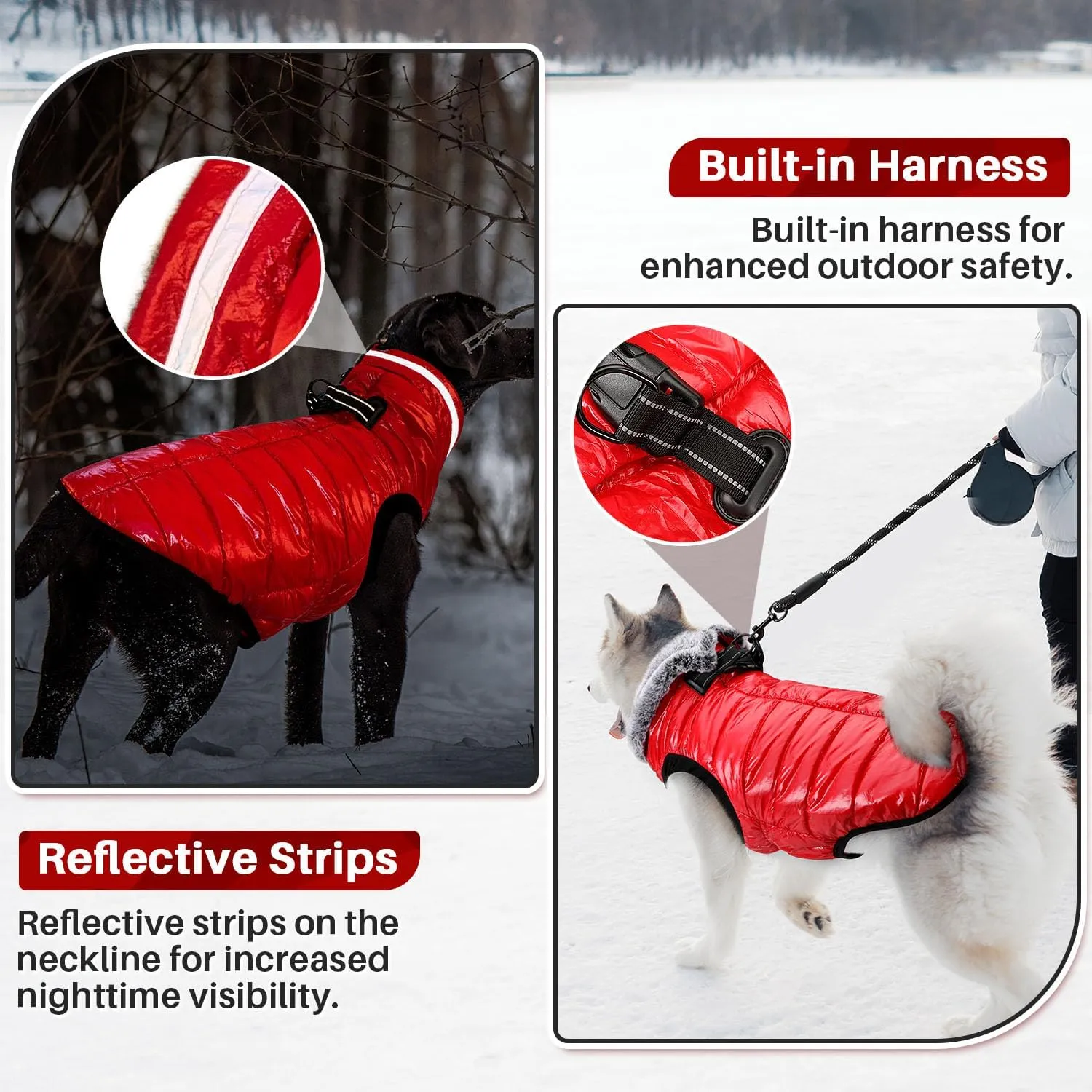 SlowTon Winter Coat - Waterproof Dog Jacket with Built-in Harness, Fleece Turtleneck, Double Zipper, Reflective Snow Jacket for Small to Large Dogs (Red XL)