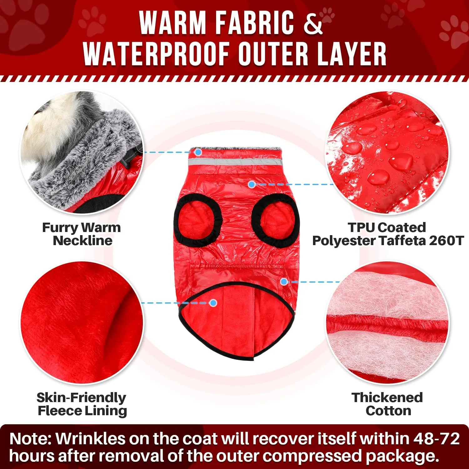 SlowTon Winter Coat - Waterproof Dog Jacket with Built-in Harness, Fleece Turtleneck, Double Zipper, Reflective Snow Jacket for Small to Large Dogs (Red XL)