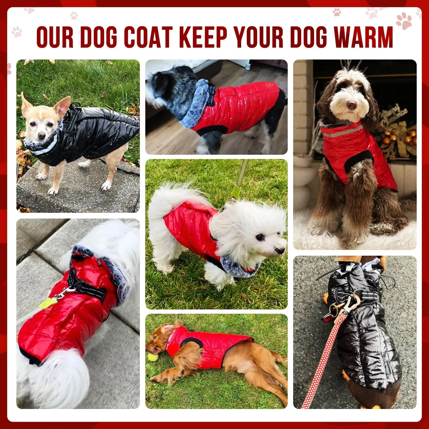 SlowTon Winter Coat - Waterproof Dog Jacket with Built-in Harness, Fleece Turtleneck, Double Zipper, Reflective Snow Jacket for Small to Large Dogs (Red XL)
