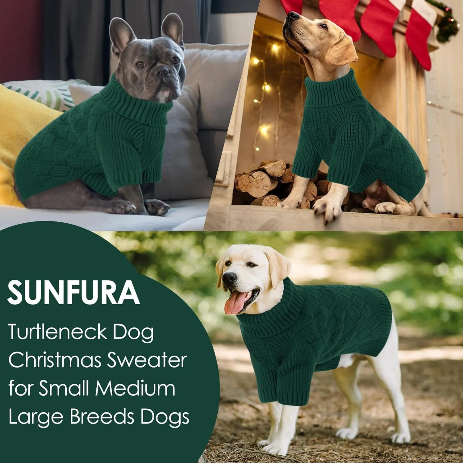 SUNFURA XS Dog Sweater, Small Dog Sweater Doggie Knitted Knitwear for Winter, Cat Pullover Christmas Sweatshirt for Yorkie Chihuahua, Warm Thick Turtleneck Clothes for Dogs Boy Girl, Green XSmall