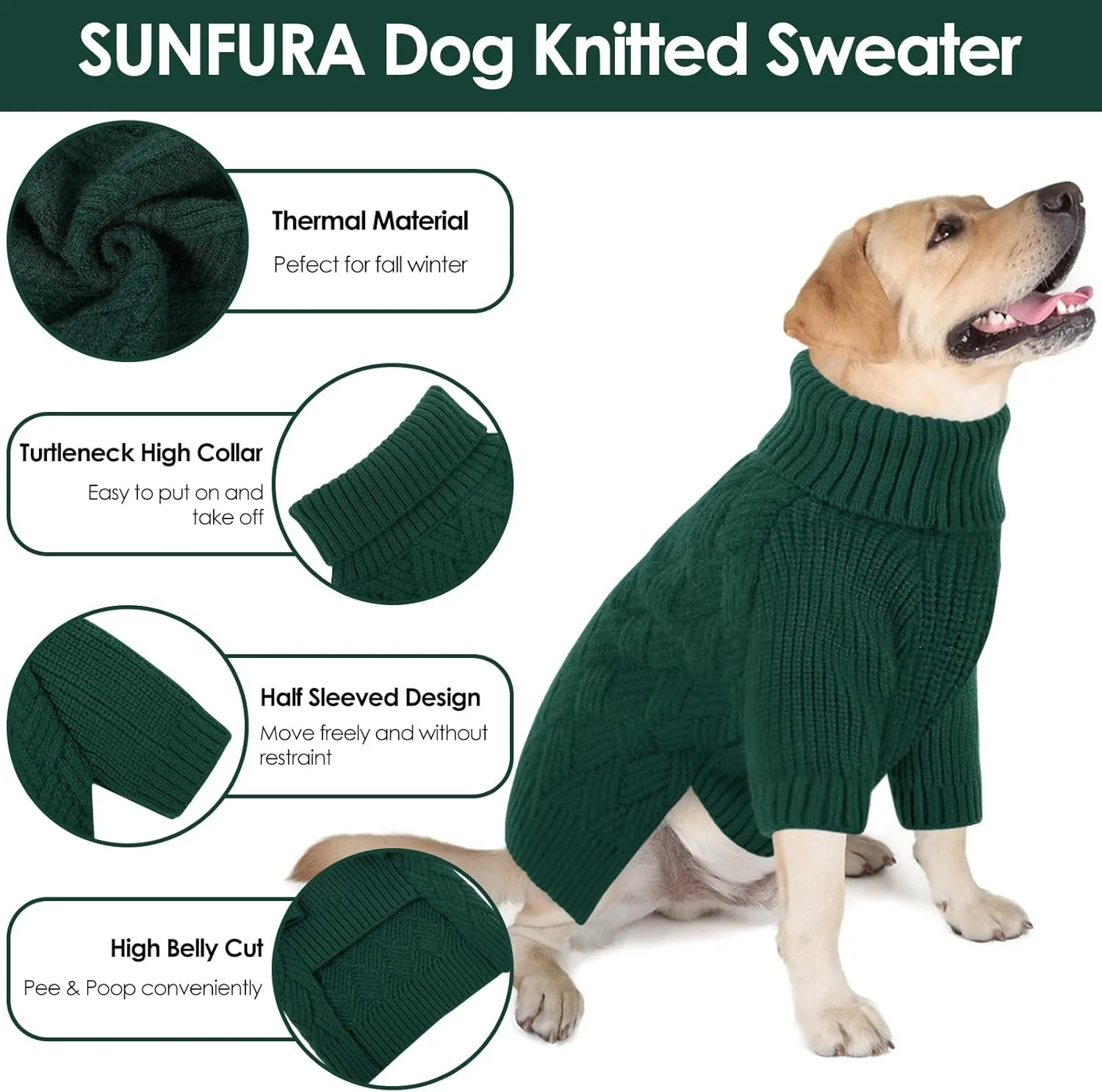 SUNFURA XS Dog Sweater, Small Dog Sweater Doggie Knitted Knitwear for Winter, Cat Pullover Christmas Sweatshirt for Yorkie Chihuahua, Warm Thick Turtleneck Clothes for Dogs Boy Girl, Green XSmall