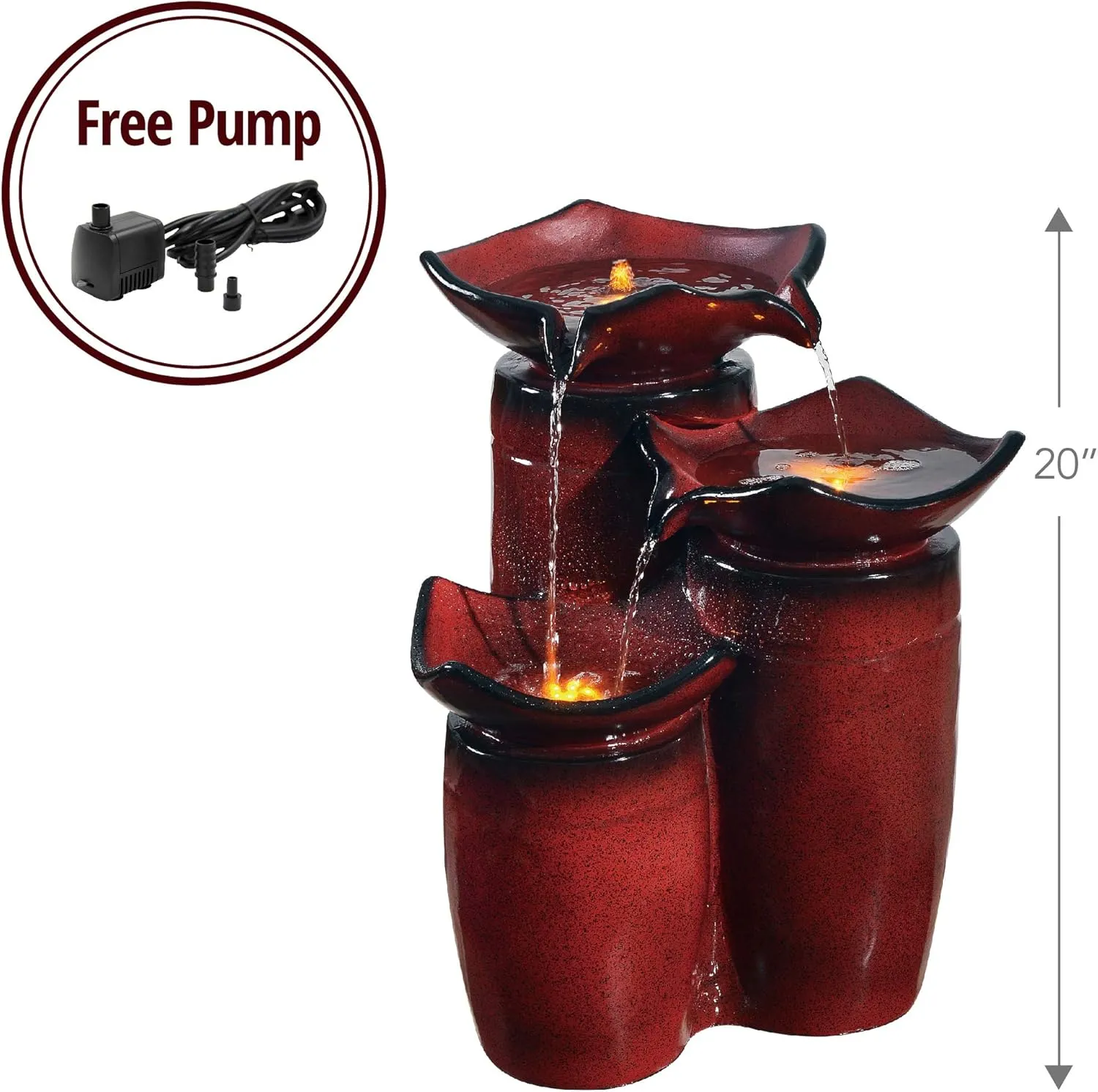 Teamson Home 3 Tiered Floor Water Glazed Pots Fountain with LED Lights and Pump for Outdoor Patio Garden Backyard Decking Dcor, 20 inch Height, Gradient Red
