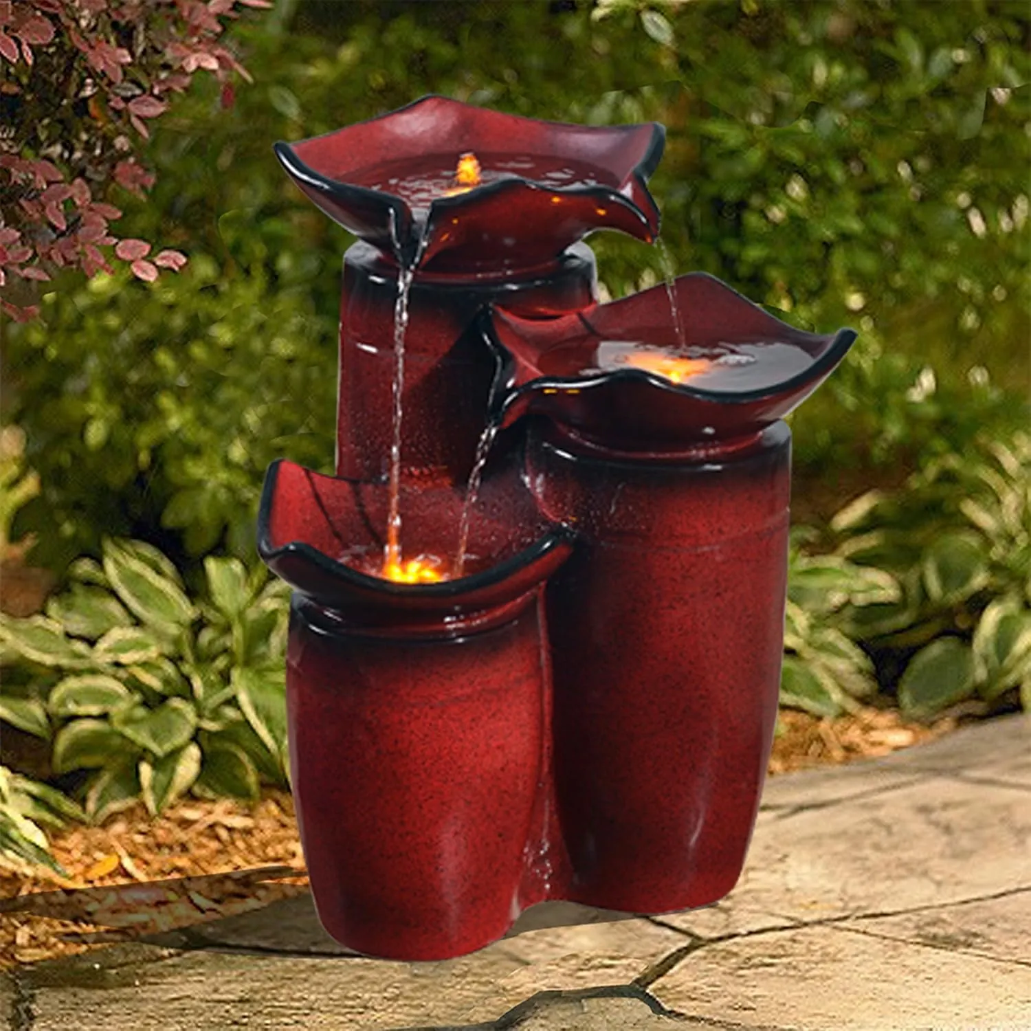 Teamson Home 3 Tiered Floor Water Glazed Pots Fountain with LED Lights and Pump for Outdoor Patio Garden Backyard Decking Dcor, 20 inch Height, Gradient Red